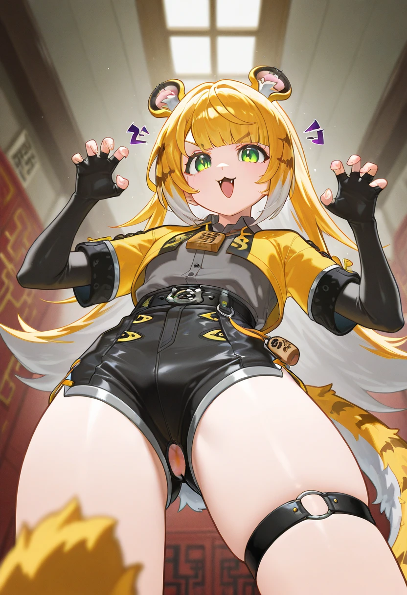 Yellow full body bodysuit、Blonde girl,Cat ears and tail,kawaii、high-level image quality、Anime style、Colossal tits、thick thighs、Pleasant look、cunt、NSFW、A large amount of love juice is flowing from the、Spread your legs apart