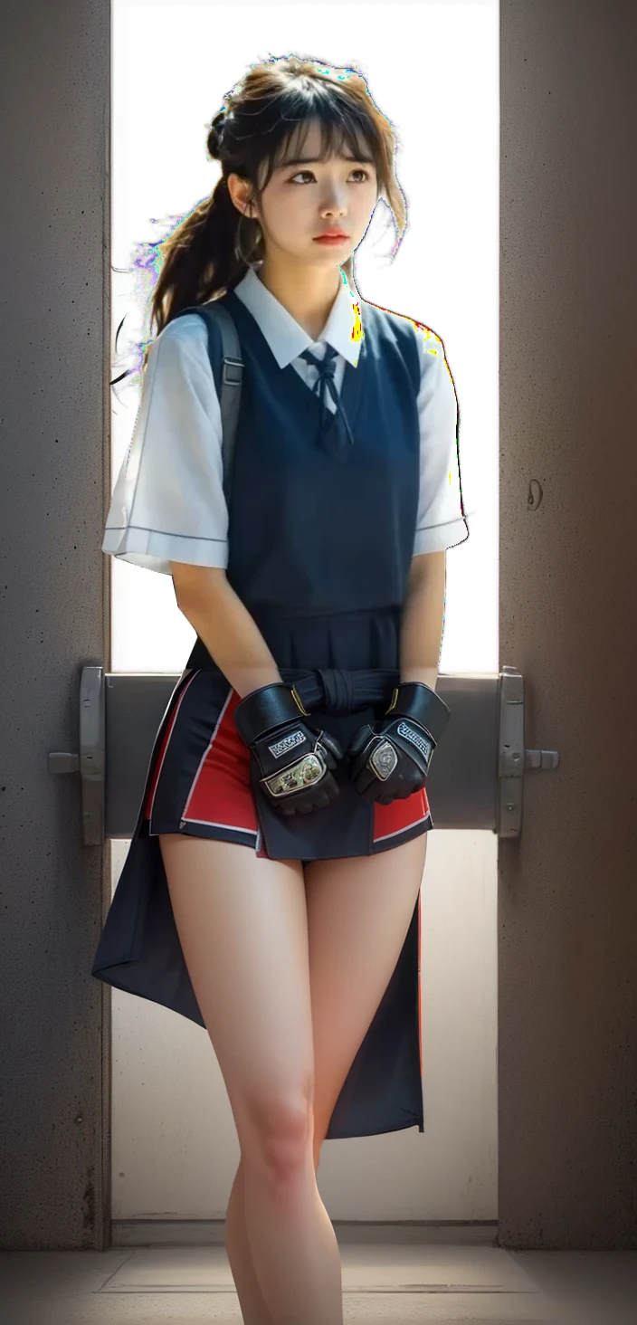 headband, white shirt, bow, blue vest, pleated skirt, fingerless gloves, socks