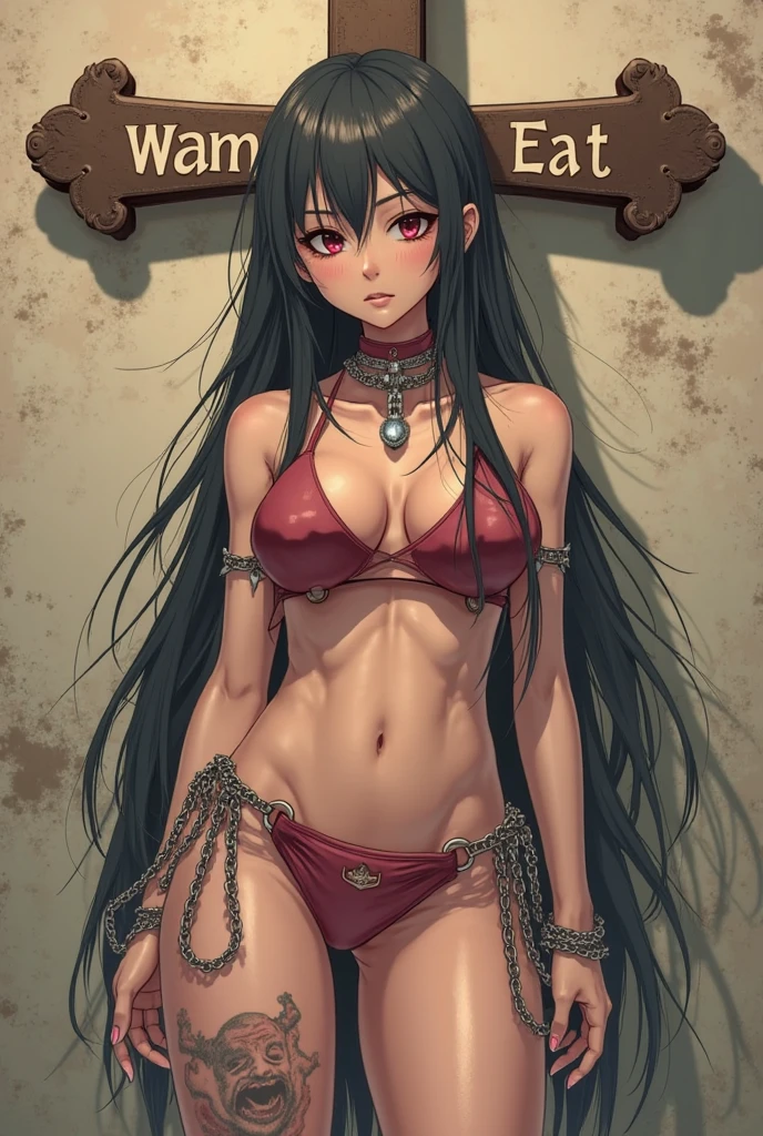 Fantasy art、((masterpiece,best quality anime,Highest quality:1.3)),realistic,portrait,1woman,(Mature Beauty),((very small head:1.4)),((very long body:1.3)),long hair,black hair,bangs,(gorgeous big eyes),black eyes,((slender body:1.3,skinny:1.2)),medium breasts,(Red Bikini)、navel、red loincloth,Brown leather gauntlets,standing、Old mansion、A world of magic and fantasy、