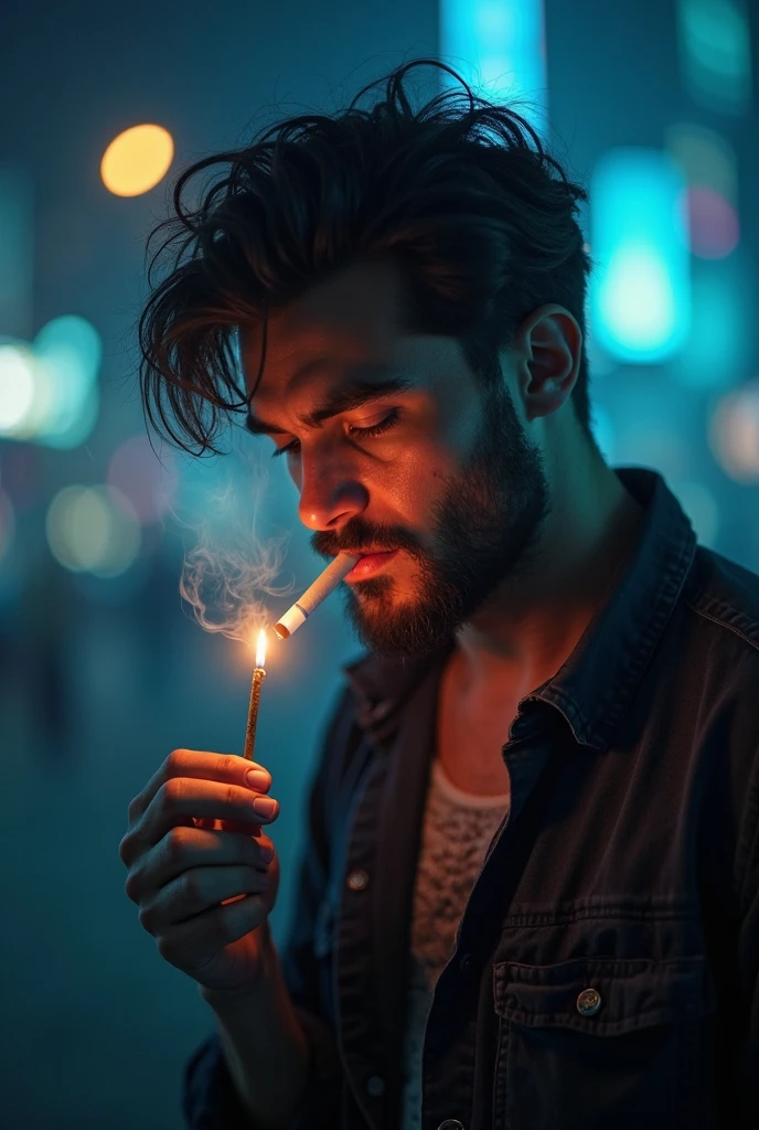 A picture of a Talahon with goatee and moustache,he is supposed to smoke a joint in the dark on a bench overlooking a city ,he thinks of his love