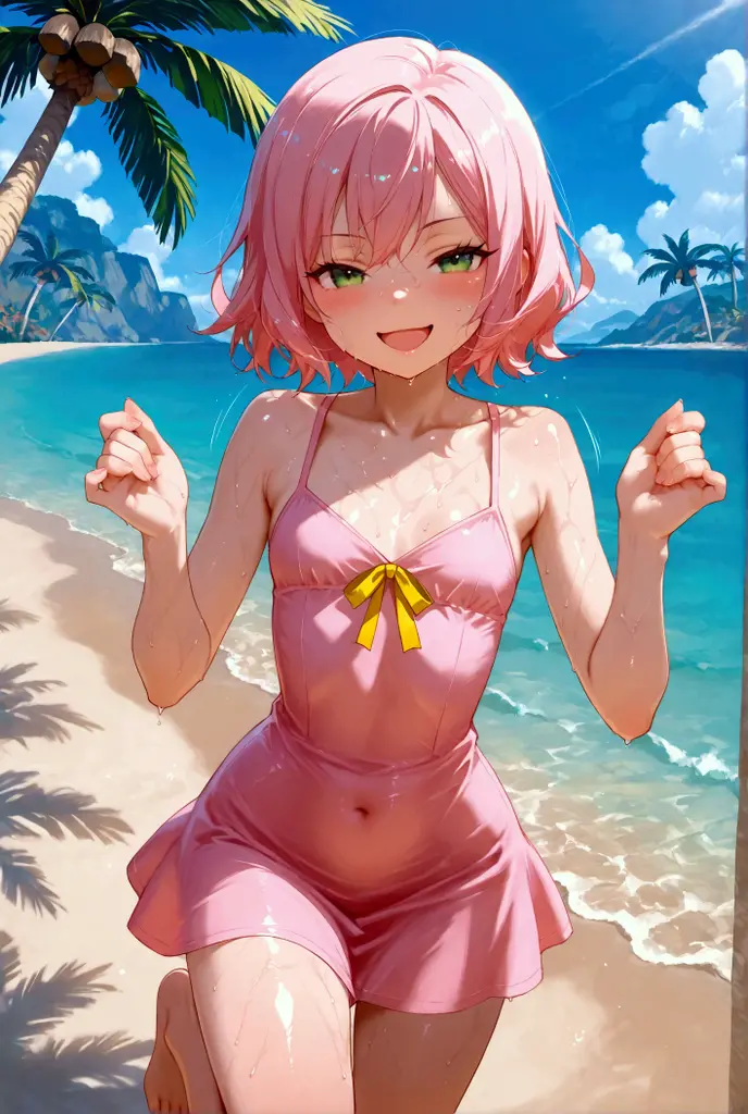 Mina Ashido, Summer dress, short yellow dress, medium breasts, air, lifted dress showing tight white panties. sea landscape, sunny