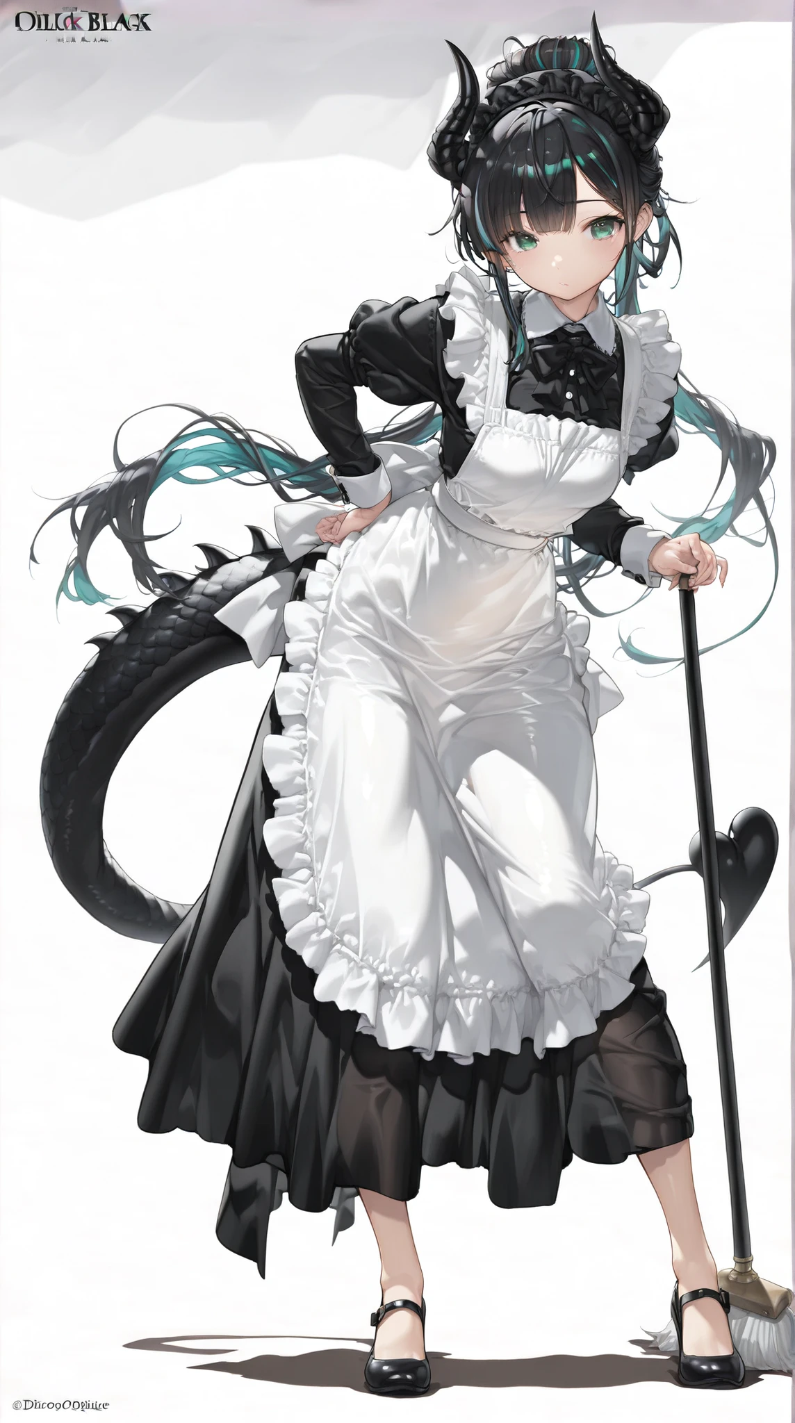 (((White background)))A woman in a black maid outfit black hair very long hair、Updo Have a big crystal ballFull body black Adult woman with dragon horns and tail black hair(High resolution masterpiece, , high resolution mode, highest quality: 1.2)(masterpiece: 1.5) Black hair, , black hair, girl, highlight color hairstyle, inner color, shiny black bangs,oblique bangs, beautiful green eyes, bull drooping eyes