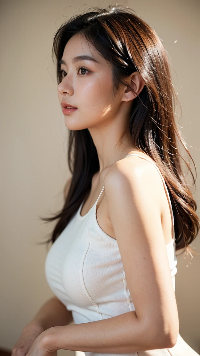 1girl, beautiful, wavy hair, almond eyes, no make up, tank top t-shirt , over size t-shirt, in front of fence, big city, close up, (from below:1.2), (photorealistic:1.2), (ultra realistic:1.3), (very detailed:1.1), ((masterpiece)), blurred background, deep shadow, depth of field , bokered, CG rendering