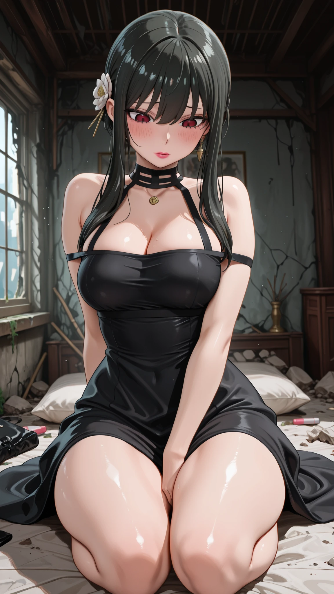 1girll,cabelos preto e longos,black color dress,Barefoot,lying on the grass ground,gigantic cleavage breasts