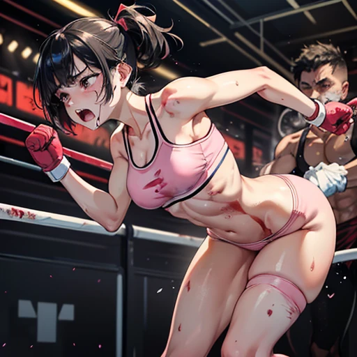 Dynamic behavior. She has been punched, her body is flying away, she is suffering. She is cornered in a wire fence and badly beaten by her opponent. She is wearing a sports bra and high-leg panties. Her opponent tries to kill her with a powerful punch. They are exhausted. Two young, beautiful Japanese mixed martial artists are fighting in the octagon. She is covered in blood. Her mouth is open and she is drooling. She is spitting out her mouthpiece. She is sweating profusely. Short-cut black hair. Open finger gloves. Erect nipples. Small breasts.