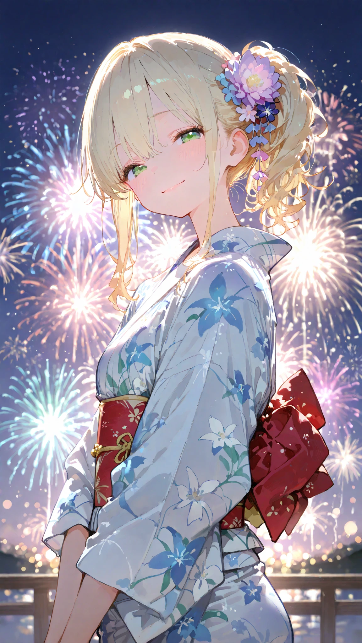 1 girl, cute, smile, blond hair, yukata, firework,
