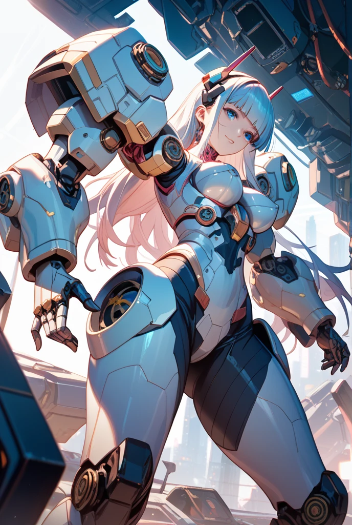 art by nanatsuta, realistic, 1girl, violet hair, topknot, mecha_musume, with extremely large robotic hands, large mecha arm, large breasts, thick thighs <lora:large_mecha_arm_v1:1> <lora:nanatsuta-1740it-novae:1.3>