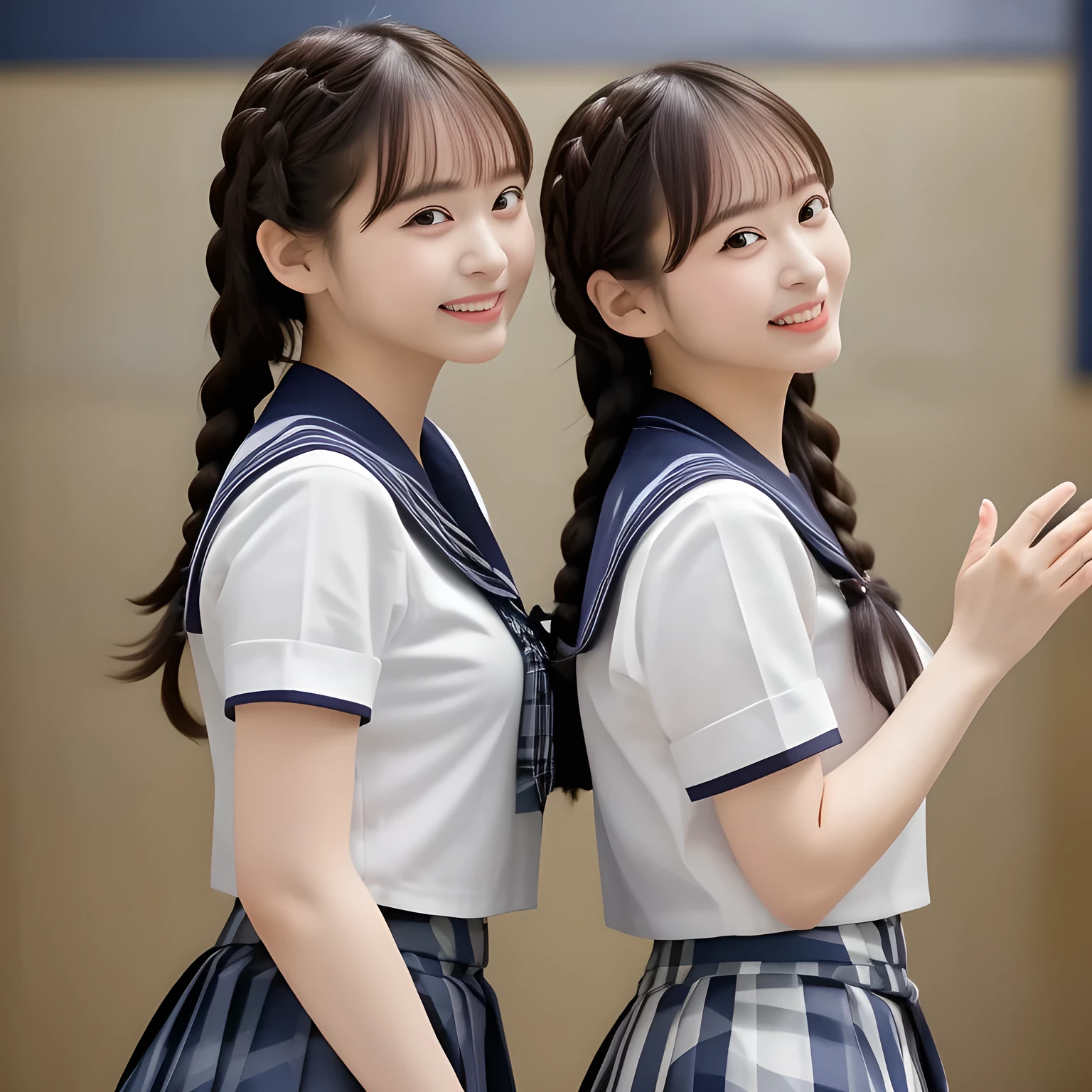 (highest quality, masterpiece, clearly detailed:1.5), highest quality, High resolution, 1080p, 8K, (Too beautiful, neatest ((beautifully grown and Evolved with grace)), Famous magazine fashion model, ((Too much beloved)) noble grown beautiful beautiful girl with detailed, 165cm height, ((svelte silhouette)), Cloistered beauty, Pristine atmosphere, controlling my mind and heart by her charm and pristine uniform and skirt, understands my deep hidden desire very well with her profound intelligence, giving too much pleasure to my sensitive one covered with beautiful hands and fingers, with detailed: 1.4), (laughing white face with unreal angelic beauty, overflowing with translucence, with detailed: 1.8), (Pristine blue uniform, (Neatest (navy colored) sailor-style uniform and ((navy middle length plaid skirt)), navy sailor collar, shiny-blue sailor scarf, with detailed: 1.8)), (Too beautiful dreamy eyes and neatness charm the viewer), long eyelashes, (Giggling cohort background with many white lovely marks, clearly detailed foreground, zinomy, with most beautifully detailed: 1.9), ((purity and neatness of pristine uniform is very impressing): 1.8), (focus on her twin-braids hair and neat style, from side, rotated: 1.9), (Beautiful brown eyes), (shiny brown twin-braids styled hair, bangs trimmed carefully: 1.7), (((Too beautiful idols are looking at the viewer, teaching my most sensitive one how to indulge in carnal bliss every day)): 1.8)