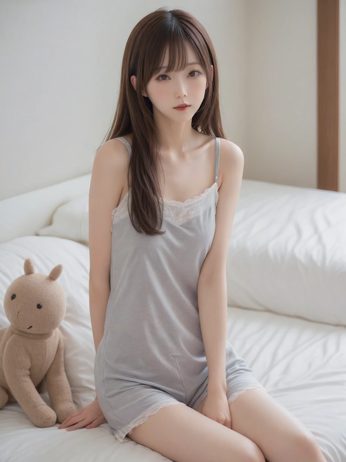 masterpiece, best quality, detailed face, detailed eyes, girl,loli, 12 years old tank top, white sheer pajamas,smiling and mouth open, messy children's room, girl's room, short bob, twin tails, short hair,flat chest, maroon eyes, indoors, bedroom, sitting, on bed, whole body,pure white skin、clear skin、shiny skin、clean hair、shiny hair、straight hair、natural light , soft light, window