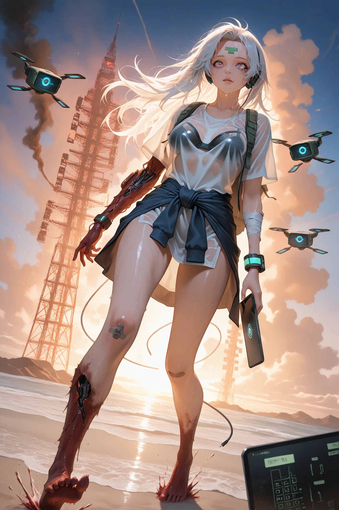 digital art, morning, blue sky, clouds, scenery, "at the Intergalactic Beacon", 1girl, woman, (simple Teslapunk:1.3) catgirl, full body, lingerie, [:casual, wild costume design,:0.2], bombshell hair, white hair, ahoge, muscular hips, muscular legs, wide hips, narrow waist, small breasts, korean