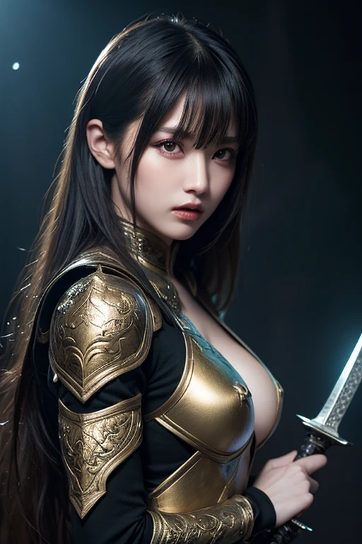 (One Knight Girl)、top-quality、masterpiece、超A high resolution、(Photorealsitic:1.4)、Raw photo、女の子1人、(Wear detailed Dark Knight armor)、(((heavy breasts))),glowy skin、(Random hair),(((Detailed Micro Bikini Armor)))、Fight with beautiful swords and shields、(((Mystical expression))),(((Have a gorgeous and long magic wand))),(Gorgeous gold metal body)、(Fight goblins、ogre、Fierce battle with orcs),(Fighting strong enemies)、Fight fiercely、(Background of decaying dungeon ruins)、(Ultimate Beauty)、(Detailed knight's helmet)、(Fighting Demonic Beasts)、()、((super realistic details))、portlate、(Strong giant demon beast background),globalillumination、Shadow、octan render、8K、ultrasharp、Colossal tits、Raw skin is exposed in cleavage、metals、Details of complex ornaments、Japan details、highly intricate detail、Realistic light、(Mystical expression),CGSoation Trends、Red Eyes、radiant eyes、Facing the camera)、Gundam、Small LED、Toostock、(Background of the mutation)、(Attack of the Monster Beasts)、Ultimate Beauty、beautiful female knight、Wear colorful armor、Detailed sword、(Wearing legendary armor)、