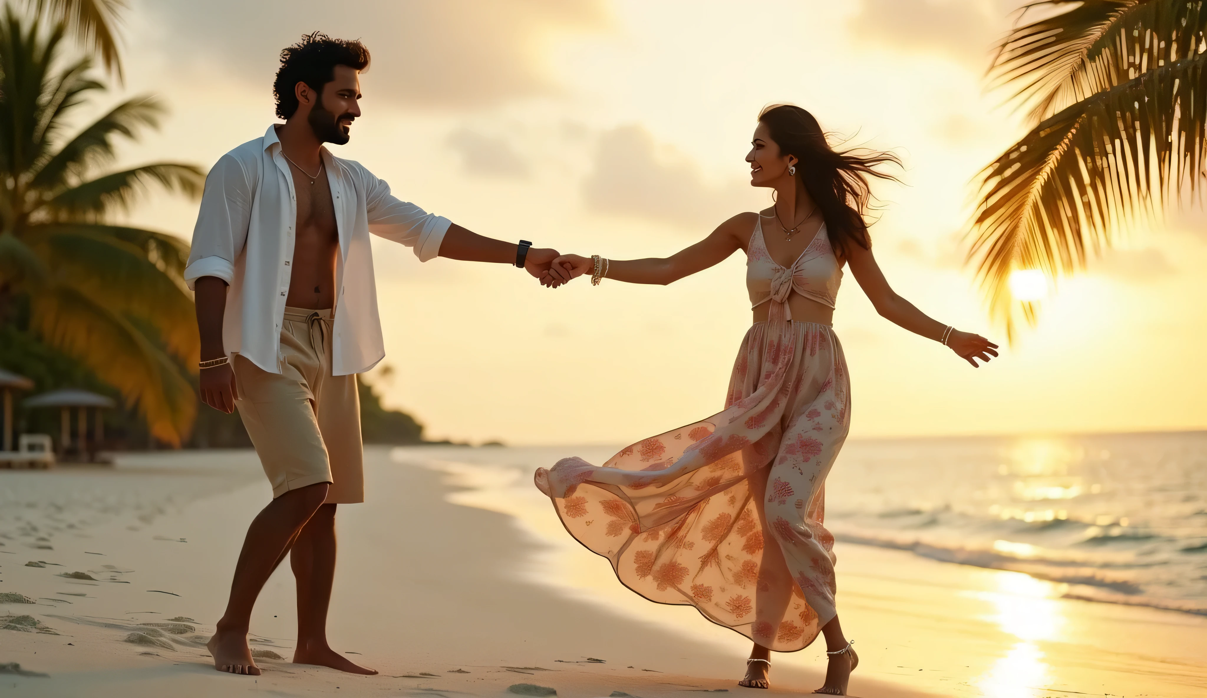 a Brazilian couple on a beach in the rain, he running from the rain and laughing in front of her and she coming behind him holding her long flowery dress. She has fair skin and long, straight, curly hair and he has short, black hair parted to the side.
