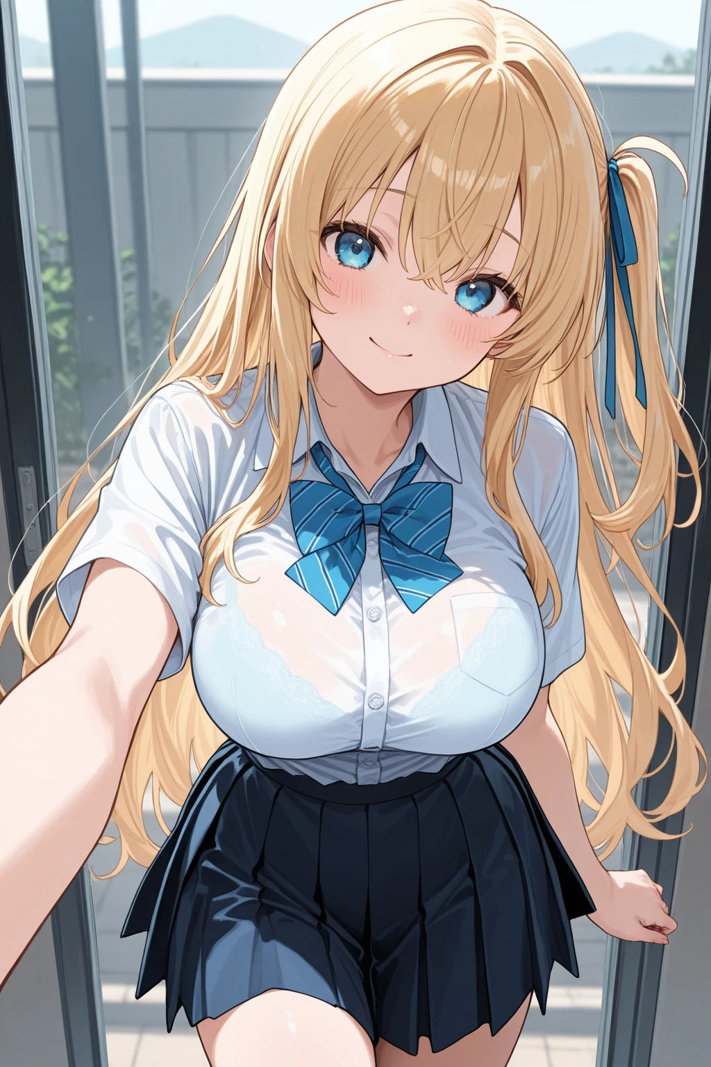 ((masterpiece, Highest quality, High resolution, 超High resolution, Pixel Perfect, Written boundary depth, 4K, RTTX 10.0, Human Development Report))), 1 girl, single, alone, beauty、View the whole body、((blue eyes, Beautiful eyelashes, Realistic eyes)), ((Detailed face, blush:1.2)), ((Smooth texture:0.75, Vibrant质感:0.65, Vibrant:1.1, Anime CG style)), ph_string, sawamura spencer string, One girl, Blonde, blue eyes, , Twin tails, alone, tooth, Long Hair, Open your mouth, Hair Ribbon, locker, Anime Coloring, Parody, Seraphim, blush, Upper Body, bangs, Sweater vest, Black Ribbon,Medium chest, mini skirt,Perfect body, ((black tights)), smile, attractive way to sit, (The wind blows my hair,Expose your breasts、black tights) , It snows heavily at night、(((Showing panties:1.3)))、M-shaped legs:1.8、nswf
