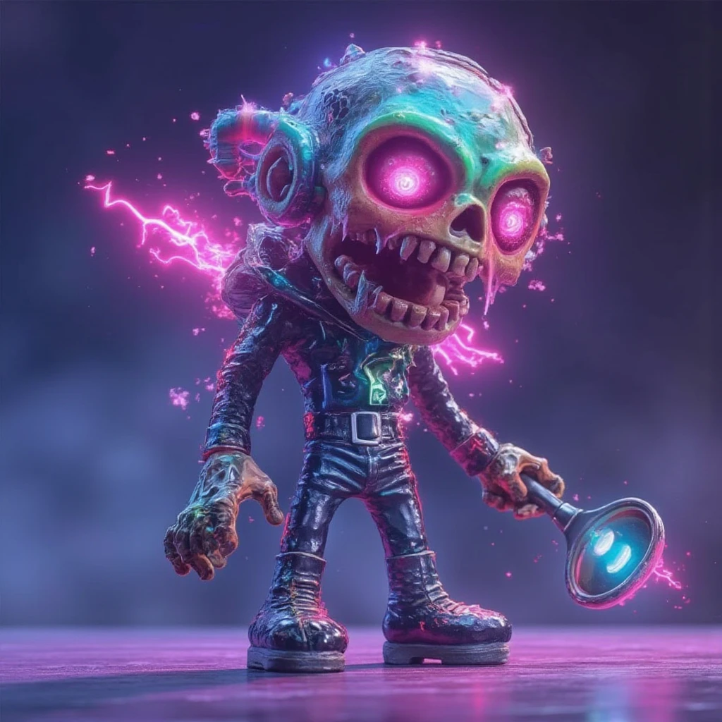 best quality, masterpiece, 3d, Pixar Artwork, Electronic variants, (Cartoon mechanical zombie with big glasses in the factory:1.5)，in a dynamic dancing pose within a colorful virtual reality world teeming with neon lights and vibrant holograms, The scene bears the influences of both pop art and graffiti, a truly cyberpunk-inspired ensemble with explosive energy, created using digital painting methods and radiant, glowing effects