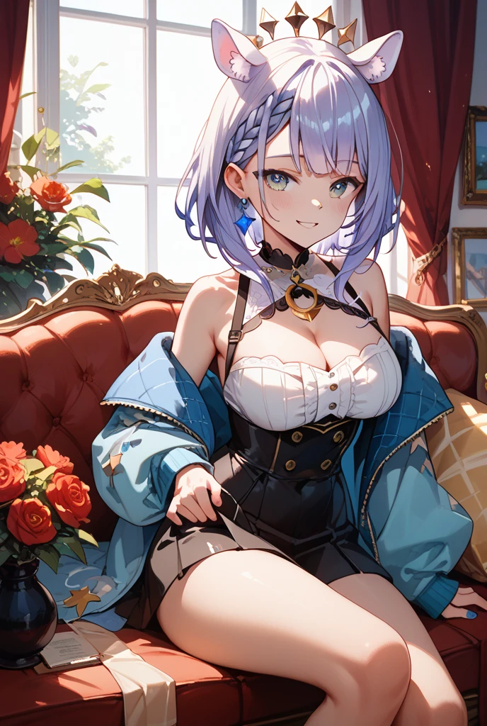 (Furinadef), slim body, narrow waist, blush, official art, night, detail eyes, cg, sitting on bed, (expansive landscape photography),perfect body, huge breast, smile, colourfull,