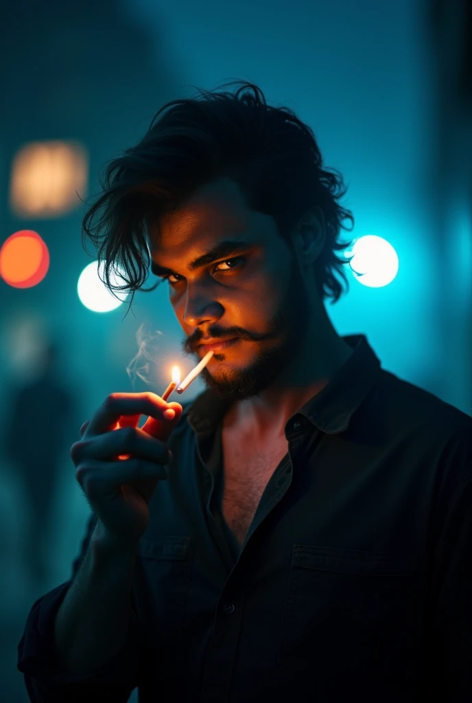 Create 8k image of a moody portrait of a man with dark, disheveled hair ...