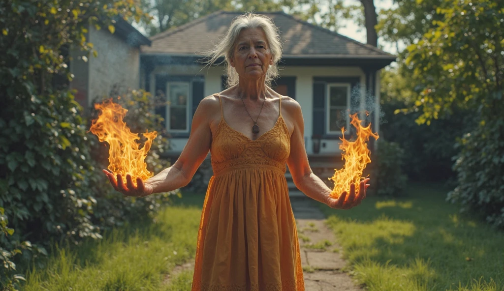 Dee wearing tight black velvet form-fitting long-sleeved low-cut gown with bell sleeves, long tattered velvet dress. Small medallion string necklace. White hair, pale skin, black lipstick. Normal sized hands with bright red fire energy Aura surrounding each entire arm. Serious look on face. In a dense natural forest. (Late at night with stars in the sky:1.1). Massive flames in the foreground. Flying in the treetops above ground. Horror film cinematic style.