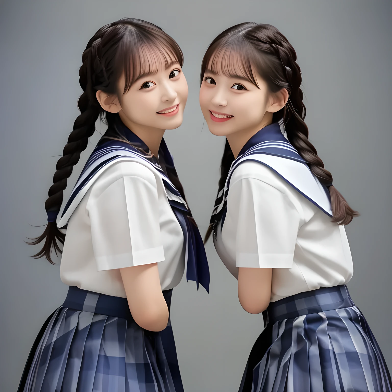 (highest quality, masterpiece, clearly detailed:1.5), highest quality, High resolution, 1080p, 8K, (Too beautiful, neatest ((beautifully grown and Evolved with grace)), Famous magazine fashion model, ((Too much beloved)) noble grown beautiful beautiful girl with detailed, 165cm height, ((svelte silhouette)), Cloistered beauty, Pristine atmosphere, controlling my mind and heart by her charm and pristine uniform and skirt, understands my deep hidden desire very well with her profound intelligence, giving too much pleasure to my sensitive one covered with beautiful hands and fingers, with detailed: 1.4), (laughing white face with unreal angelic beauty, overflowing with translucence, with detailed: 1.8), (Pristine blue uniform, (Neatest (navy colored) sailor-style uniform and ((navy middle length plaid skirt)), navy sailor collar, shiny-blue sailor scarf, with detailed: 1.8)), (Too beautiful dreamy eyes and neatness charm the viewer), long eyelashes, (Giggling cohort background with many white lovely marks, clearly detailed foreground, zinomy, with most beautifully detailed: 1.9), ((purity and neatness of pristine uniform is very impressing): 1.8), (focus on her twin-braids hair and neat style, from side, rotated: 1.9), (Beautiful brown eyes), (shiny brown twin-braids styled hair, bangs trimmed carefully: 1.7), (((Too beautiful idols are looking at the viewer, teaching my most sensitive one how to indulge in carnal bliss every day)): 1.8)