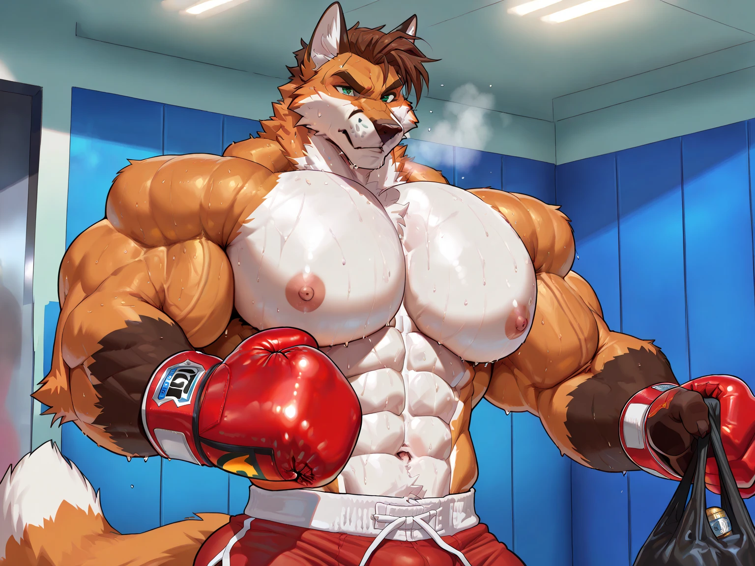 Duo male(Brown Dog vs Brown Dog, handsomes, perfect eyes, Thick eyebrows), gay(Lying down, body on body, cuddling embraced from behind, in a boxing match), hot(Shirtless), handsomes(They are handsomes, correct anatomy), musculosos(Big muscle bodies, Six packs, muscle abs, big pecs, muscle backs, muscle legs), sweaty(very sweaty wet bodies, shiny sweat), tatuajes(they have tattoos), Angry(Both have an angry expression, growling, steaming breath), Boxing gloves(They both are wearing red boxing gloves), naked(NSFW, Both naked, penis), Hight resolution, by(Arashi Takemoto:1.1)