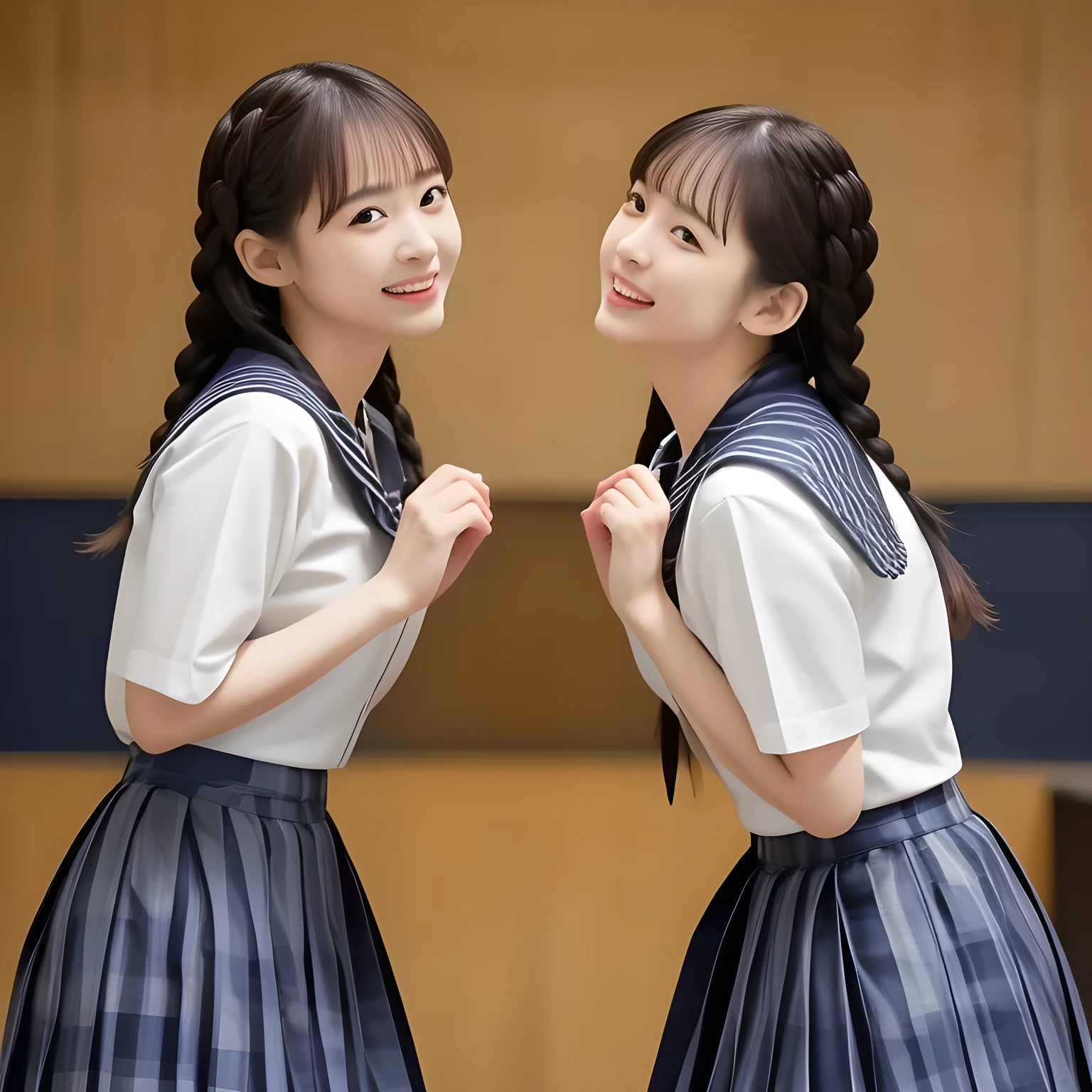 (highest quality, masterpiece, clearly detailed:1.5), highest quality, High resolution, 1080p, 8K, (Too beautiful, neatest ((beautifully grown and Evolved with grace)), Famous magazine fashion model, ((Too much beloved)) noble grown beautiful beautiful girl with detailed, 165cm height, ((svelte silhouette)), Cloistered beauty, Pristine atmosphere, controlling my mind and heart by her charm and pristine uniform and skirt, understands my deep hidden desire very well with her profound intelligence, giving too much pleasure to my sensitive one covered with beautiful hands and fingers, with detailed: 1.4), (laughing white face with unreal angelic beauty, overflowing with translucence, with detailed: 1.8), (Pristine blue uniform, (Neatest (navy colored) sailor-style uniform and ((navy middle length plaid skirt)), navy sailor collar, shiny-blue sailor scarf, with detailed: 1.8)), (Too beautiful dreamy eyes and neatness charm the viewer), long eyelashes, (Giggling cohort background with many white lovely marks, clearly detailed foreground, zinomy, with most beautifully detailed: 1.9), ((purity and neatness of pristine uniform is very impressing): 1.8), (focus on her twin-braids hair and neat style, from side, rotated: 1.9), (Beautiful brown eyes), (shiny brown twin-braids styled hair, bangs trimmed carefully: 1.7), (((Too beautiful idols are looking at the viewer, teaching my most sensitive one how to indulge in carnal bliss every day)): 1.8)