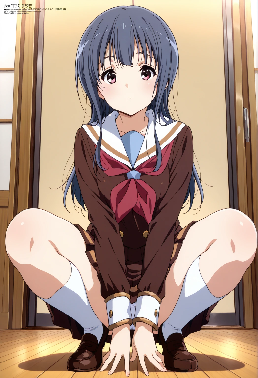 straight on, YuriYama, official art, in white dress sitting with barefoot, knees up on bed