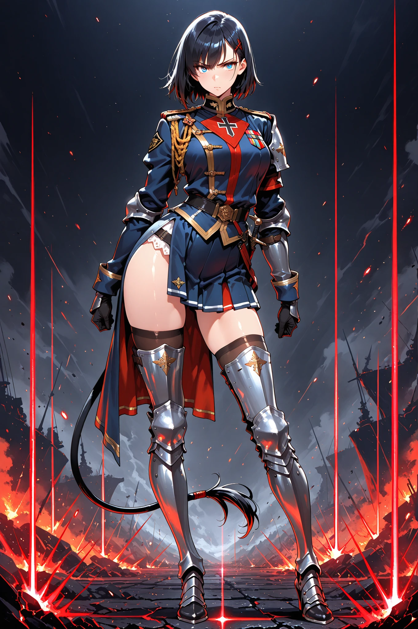 Woman knight、a beauty girl、huge tit、Excellent style、Nice Buddy、Black leotard、s Armor、Bra chest armor、knee boots、gauntlets、greave、hair adornments、black hair、Longhaire、is standing、full body seen、Night view、a smile、１Person-person perspective、front facing、Looking at the camera, holding a shield, helmet on head, holding a Sword