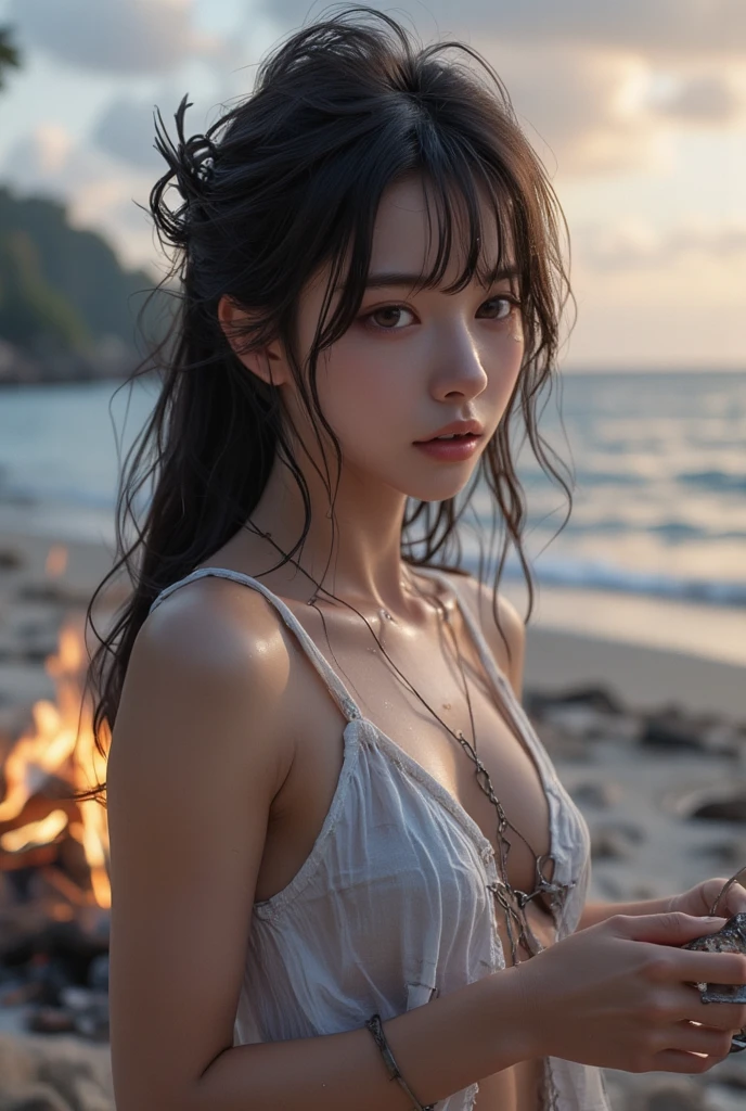 （（（（（（All Nude））））））（（（（（（（（Nipples、pubic hair））））））））1girl in,Very beautiful 16 year old Japan woman、beautidful eyes、cleavage of the breast、the wind、A beautiful moonlit night、cloudy ash sky、It's raining a little、Body like a model、JumpHigh-level image quality、Top image quality、Looking at the camera、Focus on the eyealdives、shores、I found a cave in the jungle and went inside.I found a colorful bird