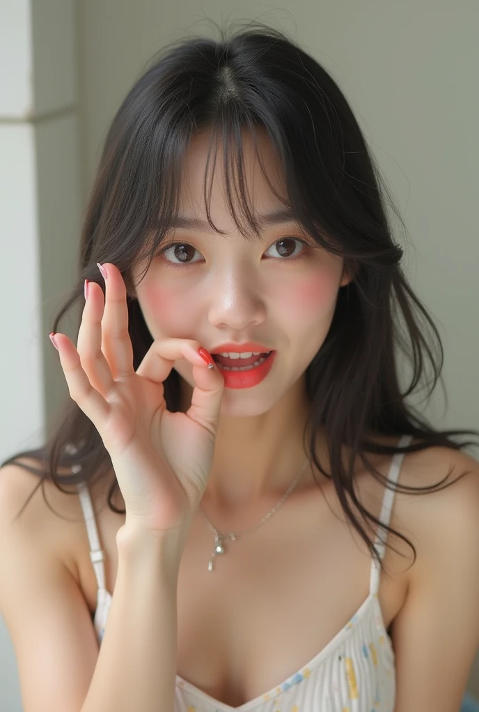 A Korean long-legged beauty，Rolling eyes and sticking out tongue at the camera