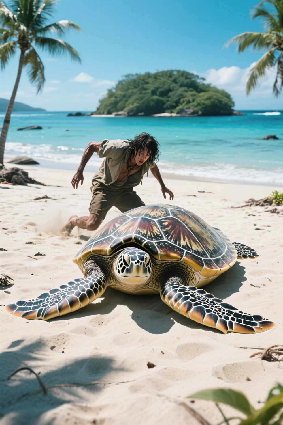 Una tortuga en la tierra y necesita agua llega ala playa y nada 😃 y  se va a. Al mar 🌊 y un humano s está a ogando y un perro llega y se nada tambien