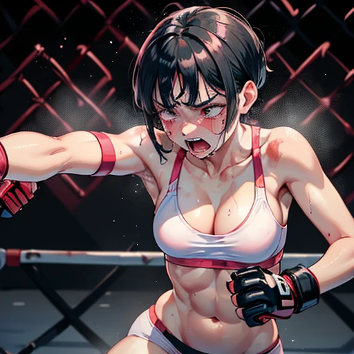 Beautiful female high school mixed martial artist covered in blood。After losing a match、Sitting in the waiting room、I'm in tears of regret。Disappointed、Hanging his head。Fighting inside the Octagon。I'm soaked in sweat。open finger gloves。sports bra。bikini。erect nipples。black hair short cut。