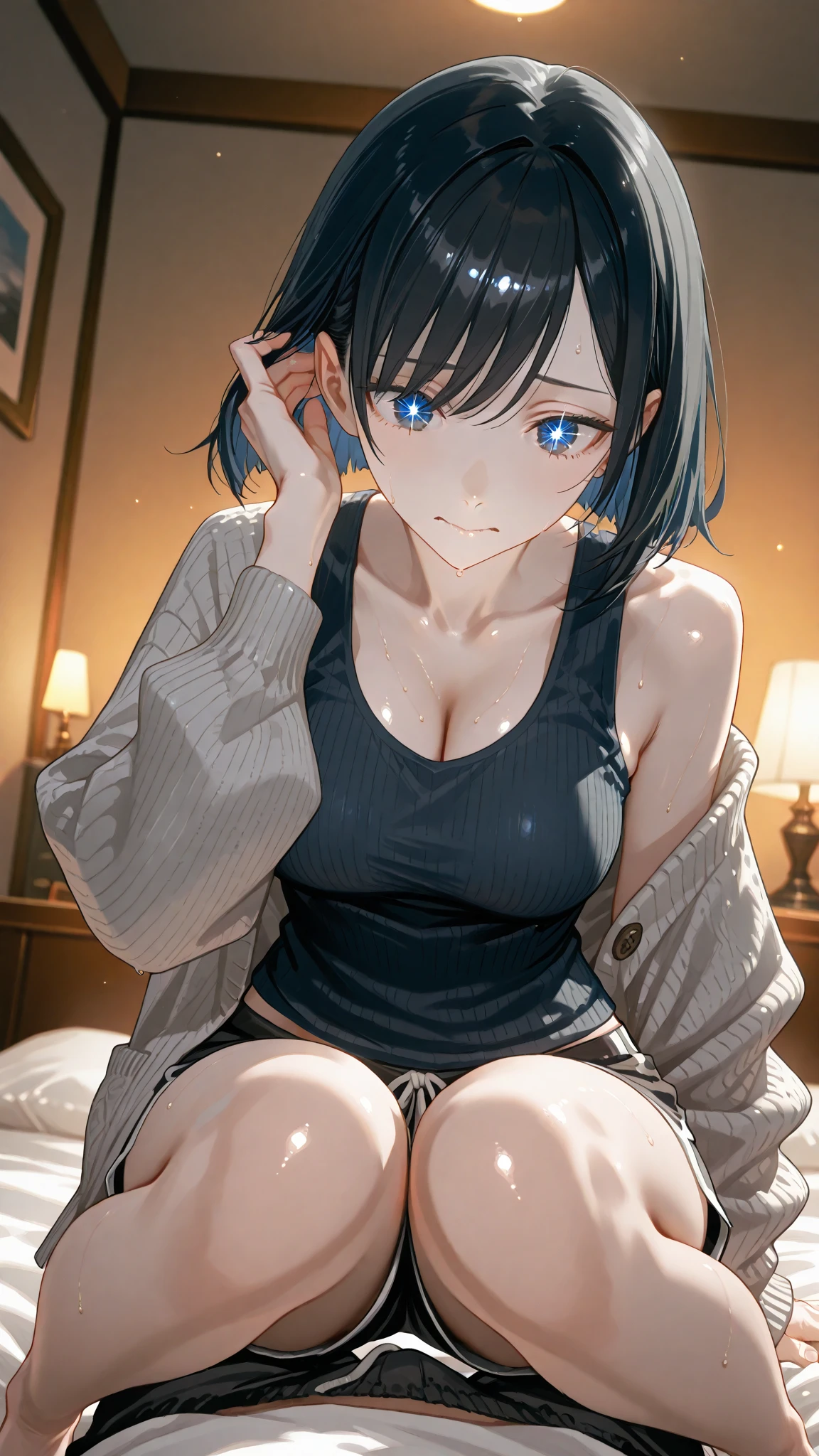 (masterpiece:1.2, top-quality), (realistic, photorealistic:1.4), beautiful illustration, (natural side lighting, movie lighting), nsfw:1.5, surrealism,
looking at viewer, (upper body, front view) 1 girl, japanese, gravure Idol, 19 years old, perfect face, cute and symmetrical face, suntan, shiny skin, pale skin,
(short hair:1.4, bob cut:1.2, black hair), asymmetrical bangs, blue eyes, long eye lasher, (large breasts:1.2, wide hips, seductive thighs), nipple hardening,
beautiful hair, beautiful face, beautiful detailed eyes, beautiful clavicle, beautiful body, beautiful chest, beautiful thigh, beautiful legs, beautiful fingers,
((gray tank top:1.3, denim mini skirt:1.4), wristwatch),
(beautiful scenery), (bedroom with cyberpunk night view), (extremely sexy, sitting), (lovely smile, upper eyes), lover's perspective, cleavage of the breast, high-angle, ighly detailed, spot light,