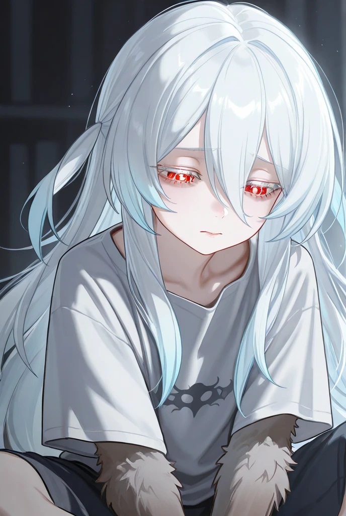 A woman with a distorted face in the middle of a creepy, dark room