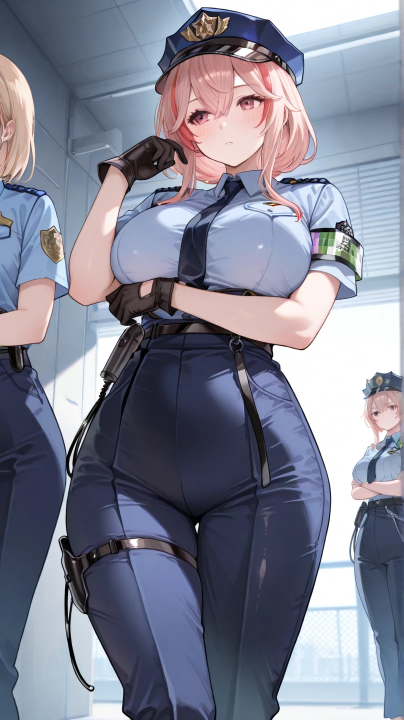 One Woman、Braided twin tails、Huge breasts、(Huge breasts:1.8)、Glasses、blue eyes、Green Hair、My hair is messy, Black gloves, White socks, Police uniform, Black Skirt, Short sleeve, Cowboy Shot, salute, Put your hands on your hips,smile,close your eyes, Tears in the eyes、Open your mouth, What saliva leaves behind, Wet skirt hem, Sticky panties, Bulging of the vibrator cord, Vibrator with Garters, Subway car interior background, In a crowded crowd,