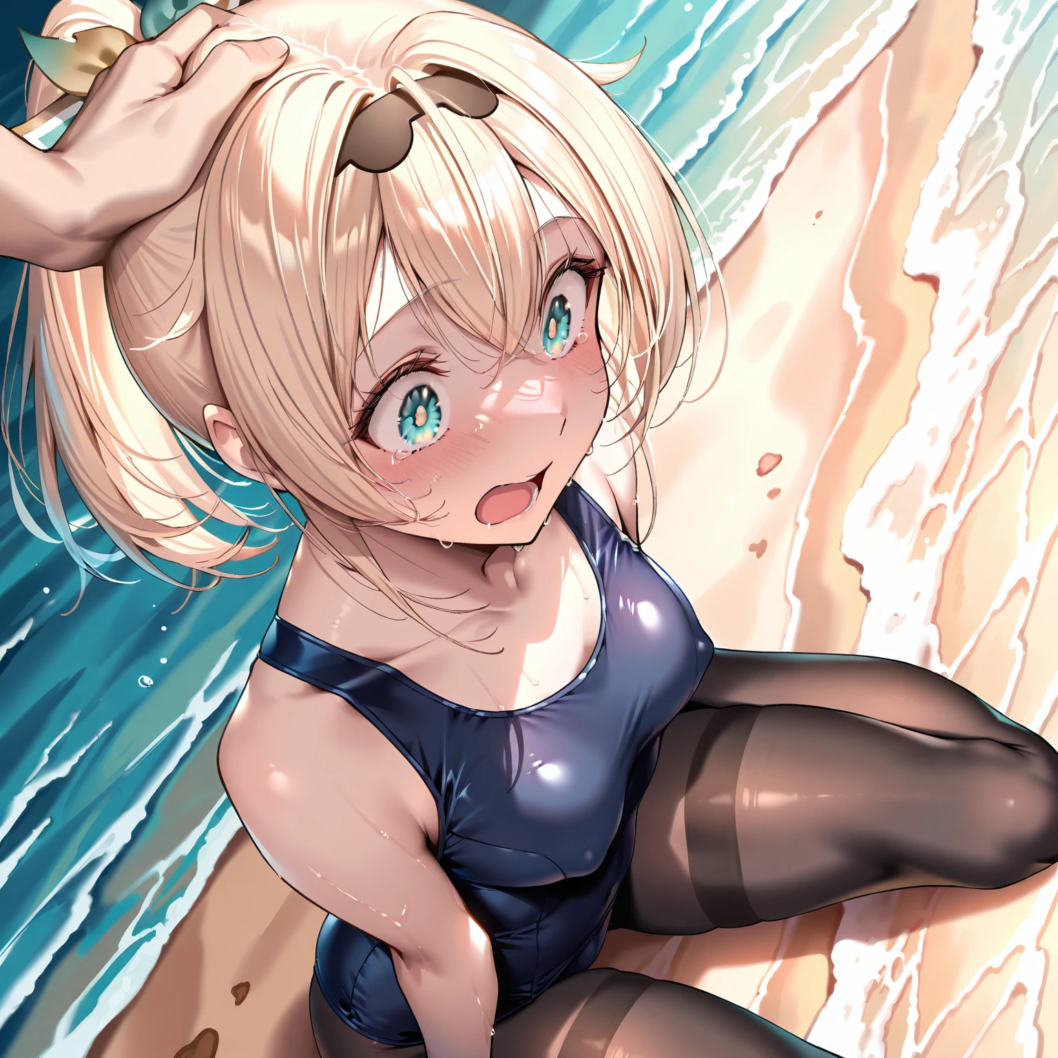 nsfw,(Petite),(A cute boy),blonde low twintails,lips,(White bikini chest voyeur),Sweat,White Breath,On all fours,Audience peering from above