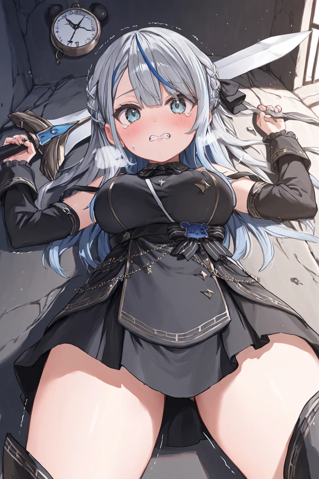 anime girl, silver hair knight girl, small girl, silver metal armor knight, with metal hat, face on camera, tight shirt, show large chest, dark isekai, shy girl, pitiful face, face forward to camera, asking pose, pink cheeks, half body, body on iron chain, smile, blue sparkling eyes, show cleavage very big breast, zoom very big breast, face and breast in front, ensure she wear long pants, wet breast, watery breast, lay on grass, zoom front breast and face only, no nails, remove the nail, do not show the nails, girl tighten on iron chains like a slave, head pop up front, lot of iron chains, anime girl leans forward, lying grass