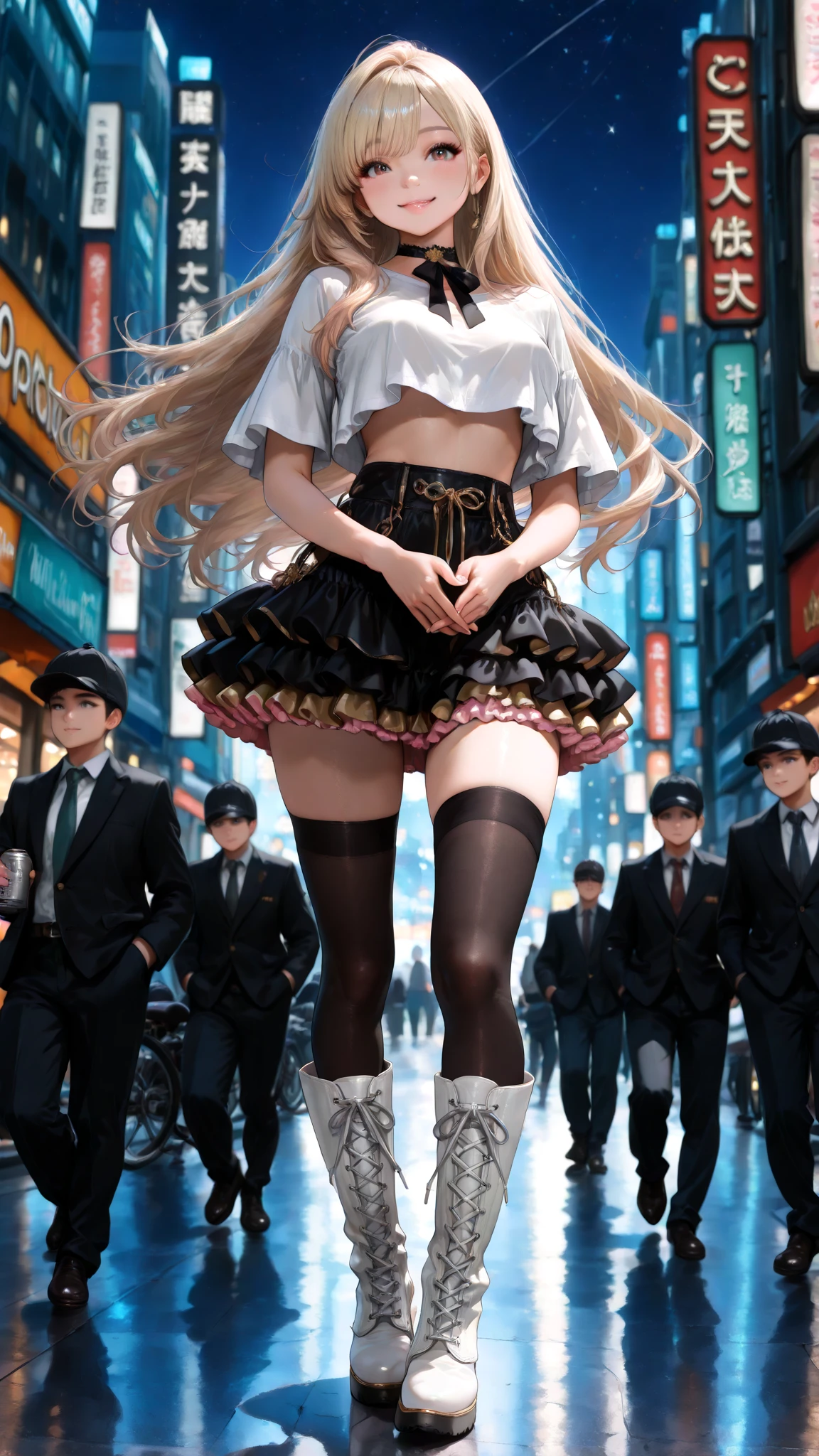 (((masterpiece, highest quality, High resolution, 超High resolution, Perfect Pixel, Depth of written boundary, 4K, RTTX 10.0, High resolution))), Beautiful Anime Woman, Beautiful art style, Anime characters, ((Long Hair, bangs, Dark brown hair, Various hairstyles, Twin tails)), ((Beautiful eyelashes)), ((Detailed face, blushする:1.2)), ((Smooth texture, Realistic texture, Anime CG Style)), Perfect body, (Slender body:1.3), Beautiful and big breasts, Exact finger count、Exact number of legs、(Exact number of arms:1.3, Exact number of hands:1.3), (blush:1), (Three women are walking side by side, holding their skirts:1.5), (Fashionable white shirt, Sailor collar, (Black knee socks:1.4), loafers, Pleated mini skirt:1.4), Realistic, highest quality, High resolution, 非常にDetailed face, Perfect lighting, Extremely detailed CG, (Perfect hands, Perfect Anatomy), Embarrassed expression, (City crossroads, building, Lots of people in the background:1.5), Daytime lighting, whole body, ((Stylish shiny satin panties, Stylish side-tie white panties with black lace, White panties with black trim, White panties with gorgeous embellishments:1.3)), Angle from the front、(Beautiful and thin thighs:1.3), (The strong wind flipped my skirt up:1.5)