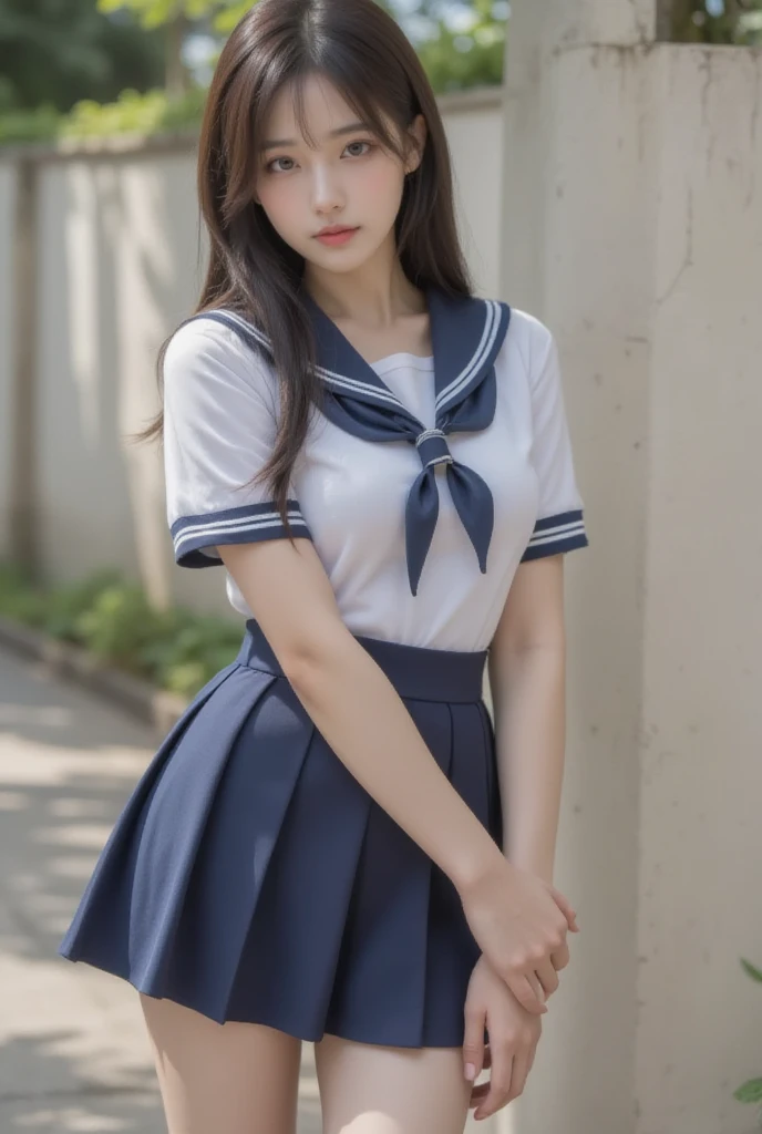 ((highest quality、8k、masterpiece:1.3)),((((cowboy shot)))),Ultra-high resolution,big eyes,Japanese,bangs,(a girl),(1 girl),((20 years old)),((facing at viewer)),(long hair),(((black sailor uniform))),grin,((sitting on chair)),(pleated mini skirt),(((pussy))),((pubic hair)),((skirt lift)),((short crew socks))