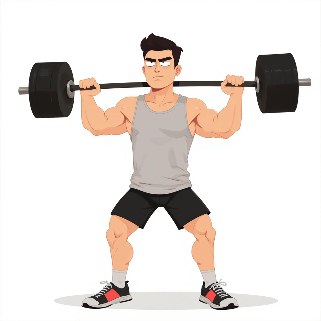 best quality, masterpiece, fill frame, zoomed out, full body, cel shading art, poster of handsome man, athletic build, wearing plain red tshirt and black shorts, grinning while lifting a barbell, perfect fingers, perfect hands, perfect face, perfection, no background
