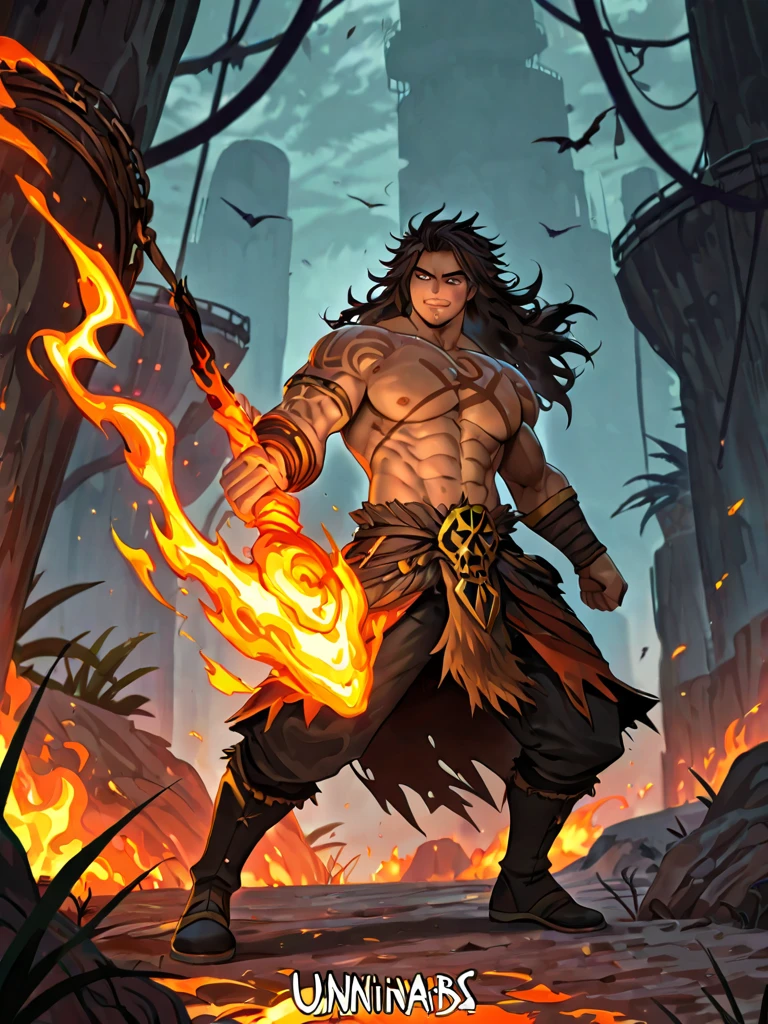 Strong, toned male, feminine face, elegant soft features, fire demon, dark skin, dusty brown skin, digitigrade feet, barefoot, glowing amber eyes, glowing tattoos, topless, red loinlocth, messy long hair