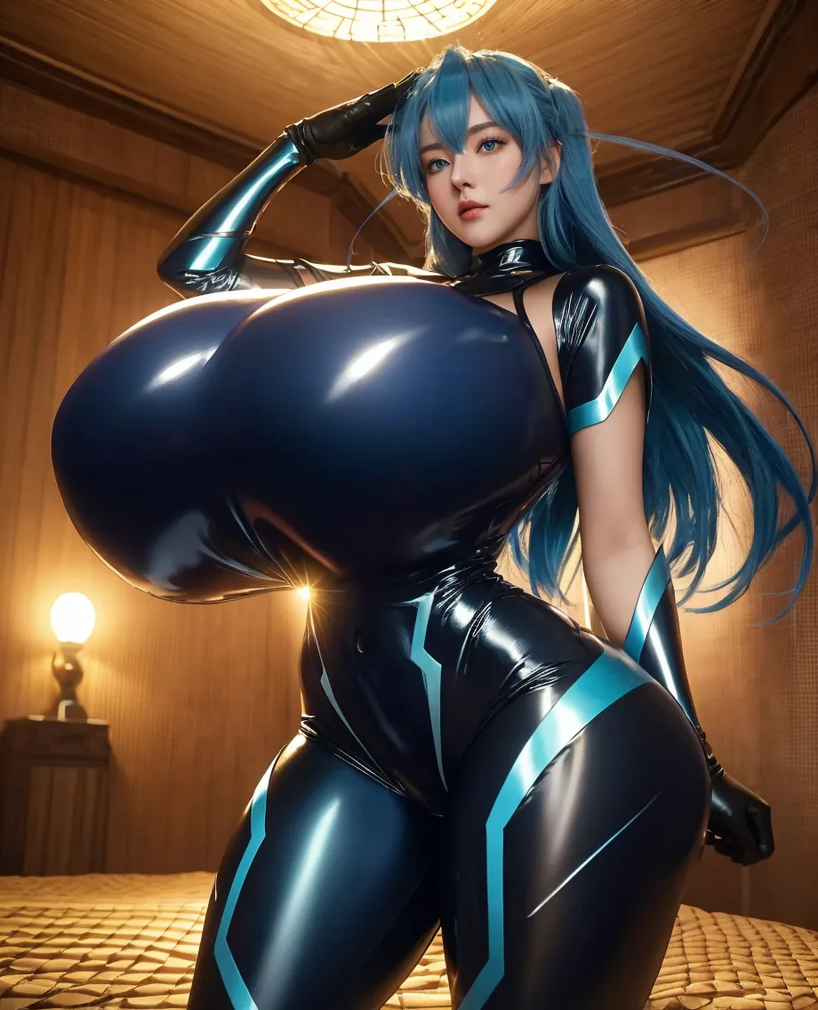 Blue hair, twin tails, tall, shiny skin, oiled skin, huge breasts, fit, long legs, pink rubber skinsuit, cameltoe, HD,