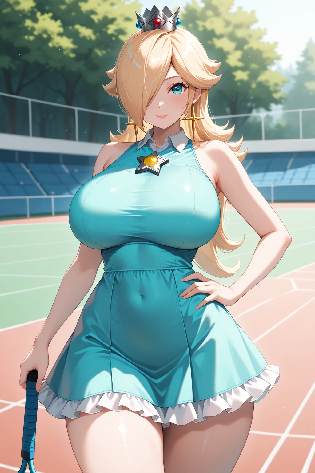Peach_SMP, tennis dress, sexy, seductive, skimpy, deep cleavage, large breasts, ponytail, tennis