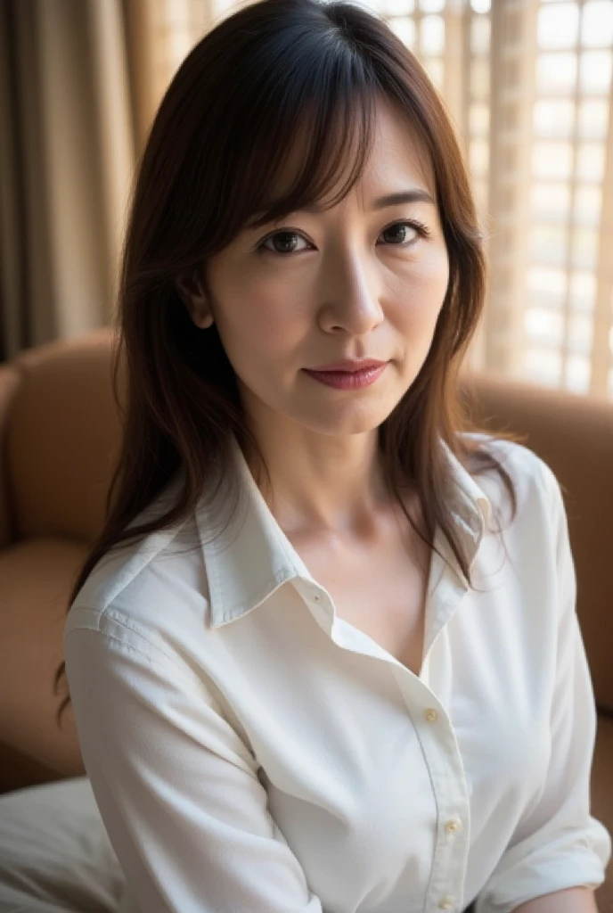 Japanese mature woman 55 years old, looking at the camera, (((highest quality、In 8K、masterpiece:1.3)))、Bust Shot、The whole head enters the screen、Sharp focus:1.2、Beautiful woman:1.5、Slim Abs:1.2、((Dark brown bob cut、Huge boobs:0.8))、A face struck by a violent anger、(White button-up long shirt:1.1)、Sunset beach on background、Highly detailed face and skin texture:1.4、Detailed eyes、double eyelid、Thin gold necklace、Dimples、Open your mouth and 