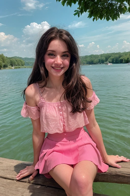 little girl, about 7 years old, kneel ask forgiveness. Shaggy hair
Wearing light purple off shoulder sweater and latex shorts
Eyes focus but smiling, detailed finger
On a boat in beautiful lake full of flower