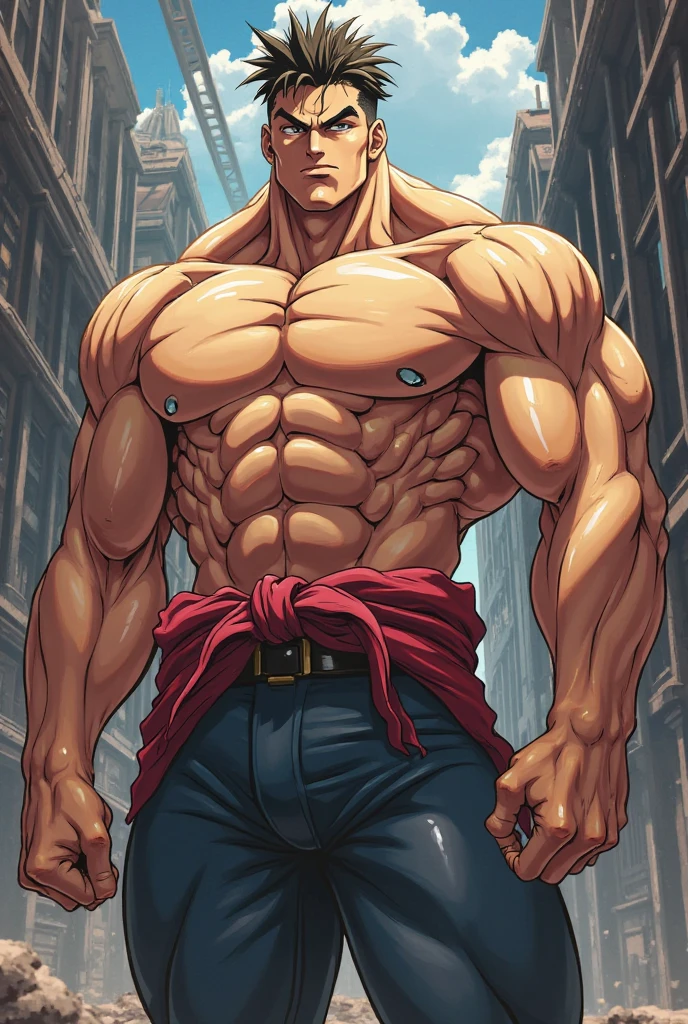 Close up, there is a man with tiger ear that is standing next to a wall, commission for high res, sfw version,bare chest, anthropomorphic, muscular chest, highly detailed full body, (sfw) safe for work, strong and imposing, detailed full body, muscular character, extra detailed body, macho pose, body detailed, (looking form beside), wet body, sweaty, short yellow hair, beard, Topless, huge crotch, red shorts, crossed arms pose, body hair, angry face, many scar, huge scar on body, wet clothes, raining.