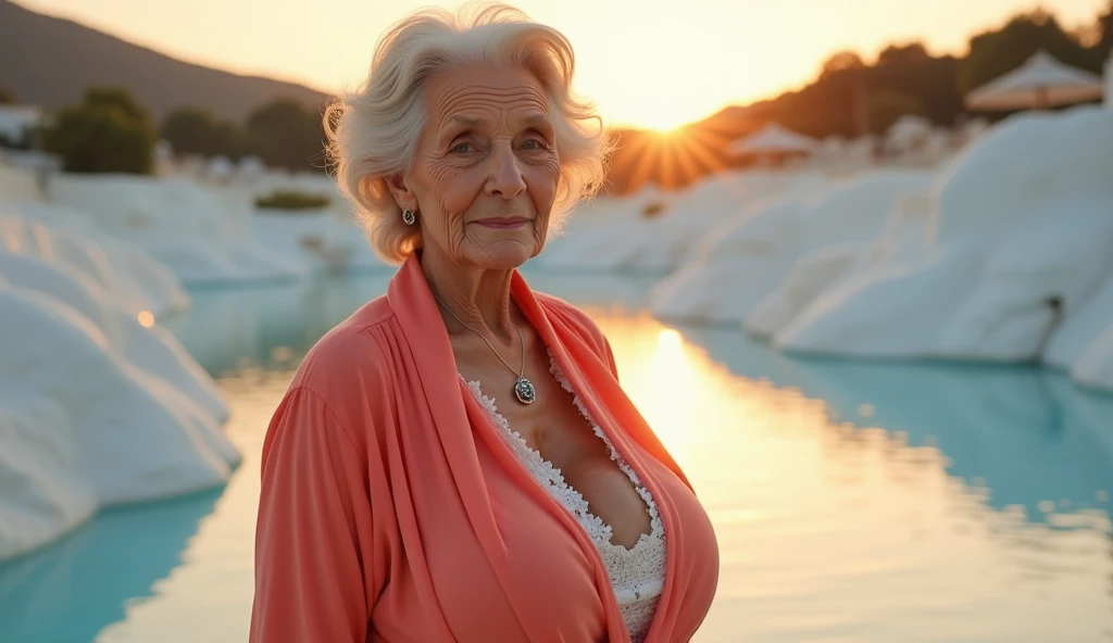 portrait of a 65-year-old woman with gray hair, seductive gaze,a bunch of hair on top, green eyes, a lot of wrinkles on her face, old woman, detailed wrinkles (8K, high resolution、The ultra -The high-definition、staying on a premium yacht, An ultra-high picture quality、Ultrarealistic、Best Quality、masuter piece:1.2)(medium chest、Large cleavage:1.2)(medium breasts are exposed、(Old women in Europe) transparent western tunic dress, clearly visible breasts, pubic shape, nude, eyes visible through hair, proper eye position,cinematic light, , soft light, hips, night time, soft moonlight, detailed color graded background, intricate, highly detail, 8k, bondi beach background, beautiful beach background, ((Full Body))