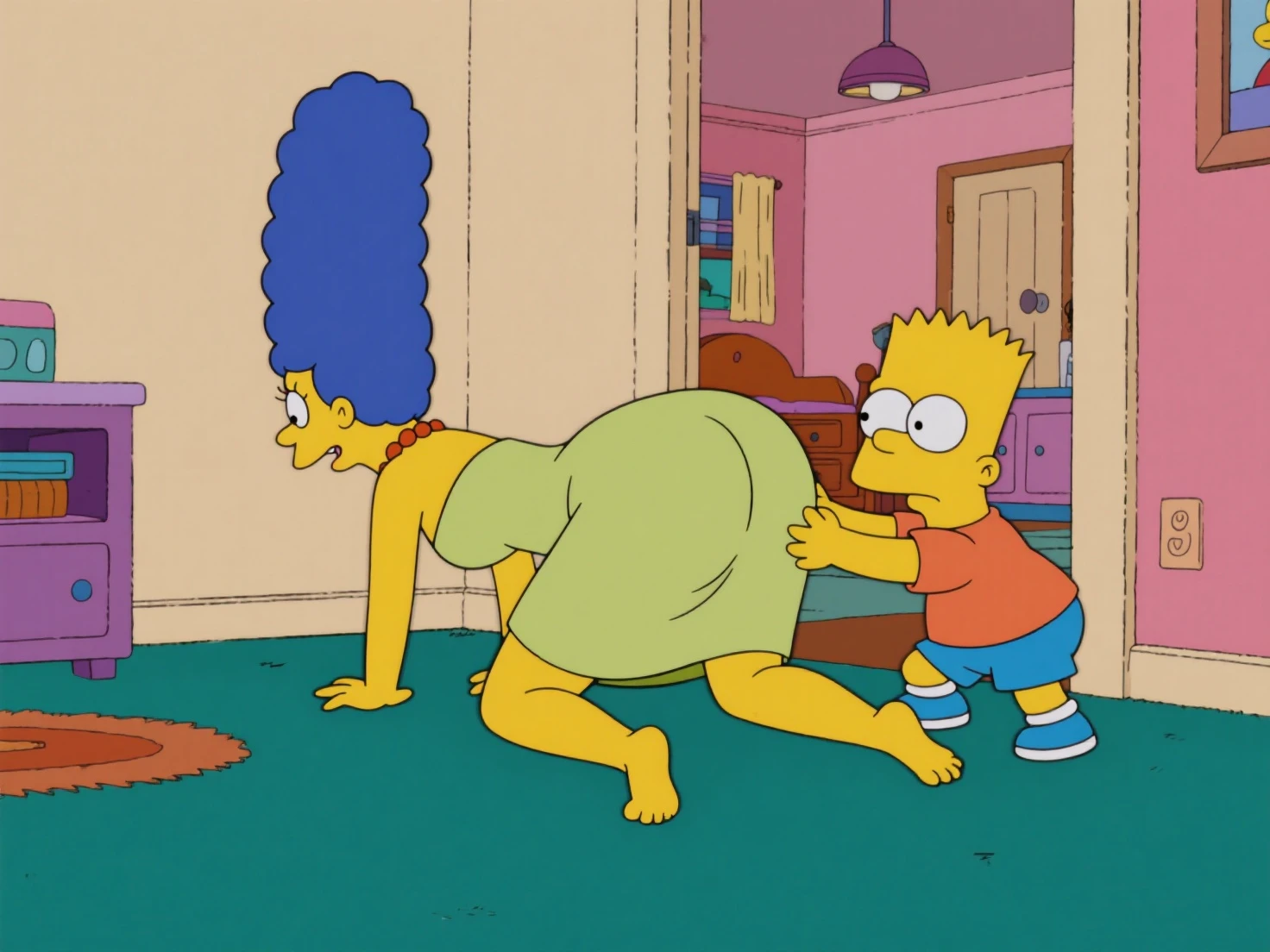 high resolution, Marge Simpson, work of art, 1 girl, ((booba)), (angry face) , hair blue, long hair,Broad Hips, thick thight, giant breasts, green t-shirt, huge round ass, yellow skin, niplles, close up