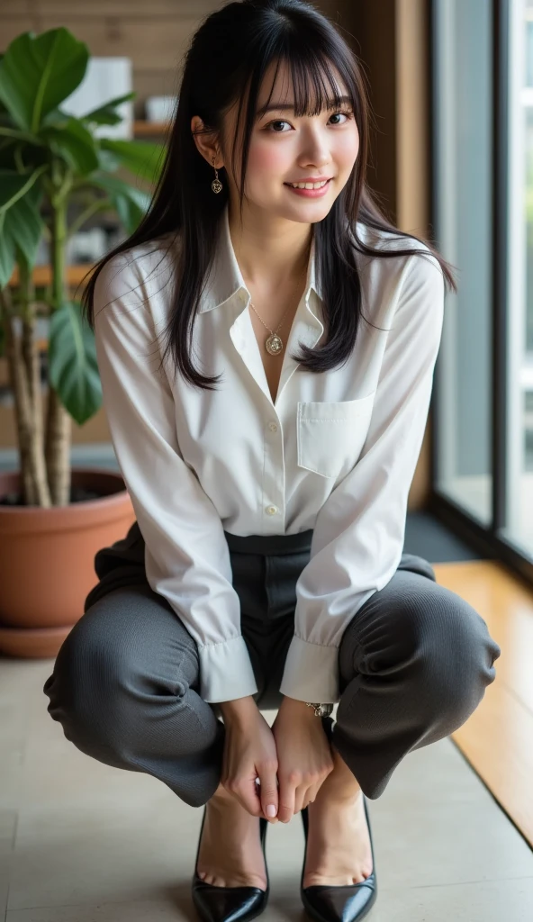 photorealistic, best quality, (hyper detailed: 1.4), (((sitting on the meeting:1.3))), long distance shot, great body, photosession, green eyes, dark black hair, Detailed eyes, ((wearing white shirt and black pants:1.5)). beautiful young asian woman, (Highly detailed face:1.4), smile. exuding a natural glow, soft lightning, evening time, meeting view, jaw-dropping beauty, sexy, seductive, vivid colors