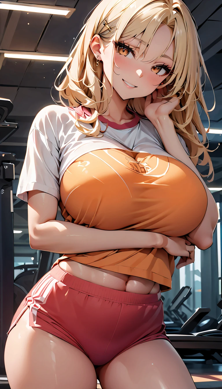 ((One girl)), beautiful,Blushing,Close your mouth,Glossy Lips,Abstract,  ((Anime style background)),gym, masterpiece, highest quality,とてもbeautiful, Absurd, up to date, Complex details, Pink long nails,AI-generated, Complex,High resolution, highest quality, super high quality,3D Images、View the viewers、3D Images,one person,Long Blonde Hair,High Ponytail,blue eyes,Anime girl posing for photo, [[Fine grain、Colorful eyes、Shining Eyes:1.15]],(Squint your eyes:1.1),a hyperRealistic , hyperRealistic , Realistic , blonde anime girl with long hair, Smooth anime CG art, beautifulアニメの女子高生,White long sleeve blouse,Blue checked skirt,Big blue chest ribbon, Earrings,(Large Breasts:1.3),Muscular,tall,Fine details,Abdominal muscles,((Jumping)),Shooting from the side,whole body