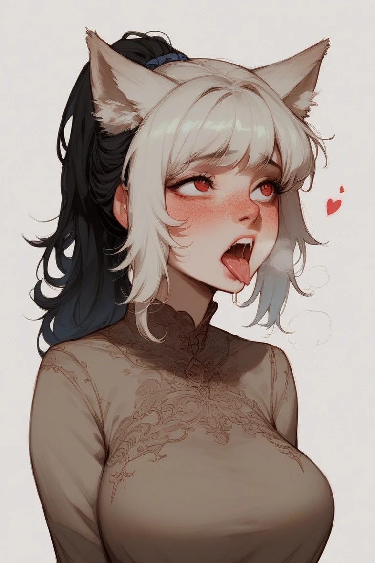 tmasterpiece,best qualtiy,ultra - detailed,illustratio,epic lighting,cinematic compositions,isometry,1girll: A girl with a ponytail and a bow, ahegao, ahegao face,Stick out your tongue, Coexists with expressions , Open mouth, with pointy ears, , There are tongue nails on the tongue, Orgasmic face,Wheezing,huge tit,Black color hair,Suspenders