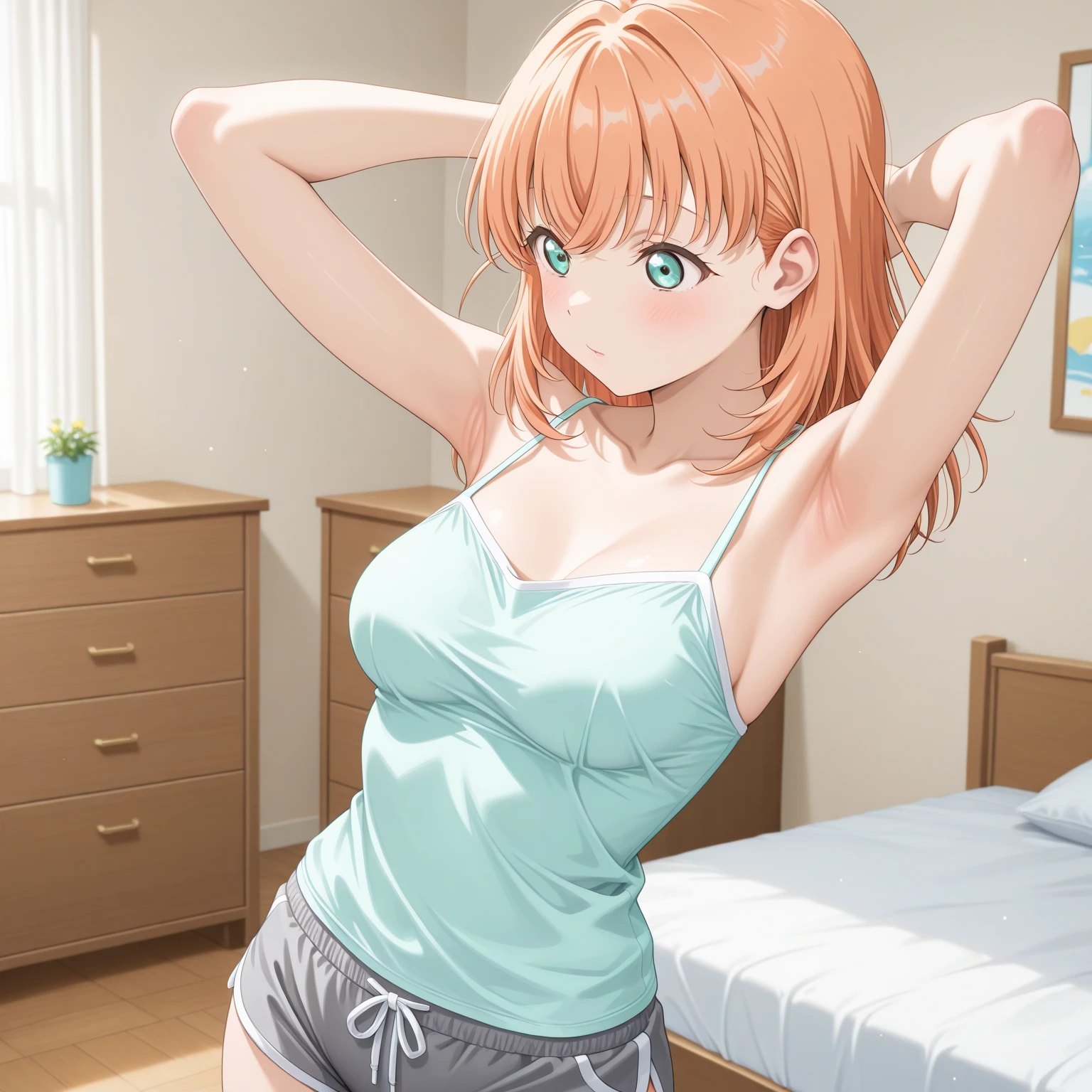(masterpiece, highest quality, be familiar with), 1 girl, alone, indoor, change room, Soryu Asuka Langley, white bandeau swimsuit, red vest,Gold collar, Necklace with large light blue gemstones, walk,